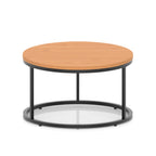 A round coffee table with a light wood-effect top, a black metal frame, shown on a white background.