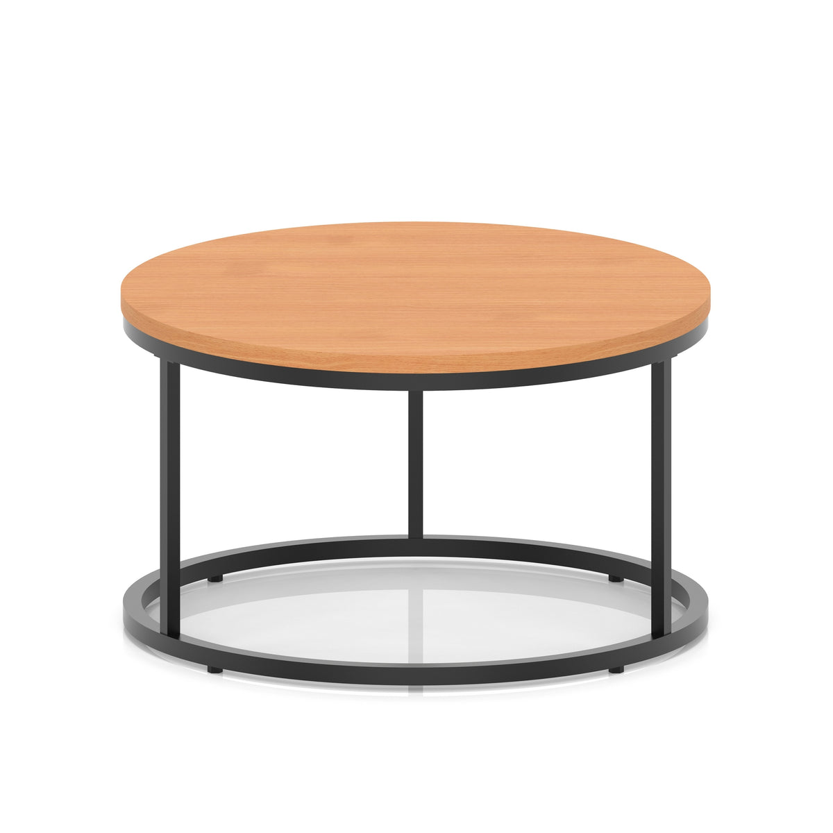 A round coffee table with a light wood-effect top, a black metal frame, shown on a white background.