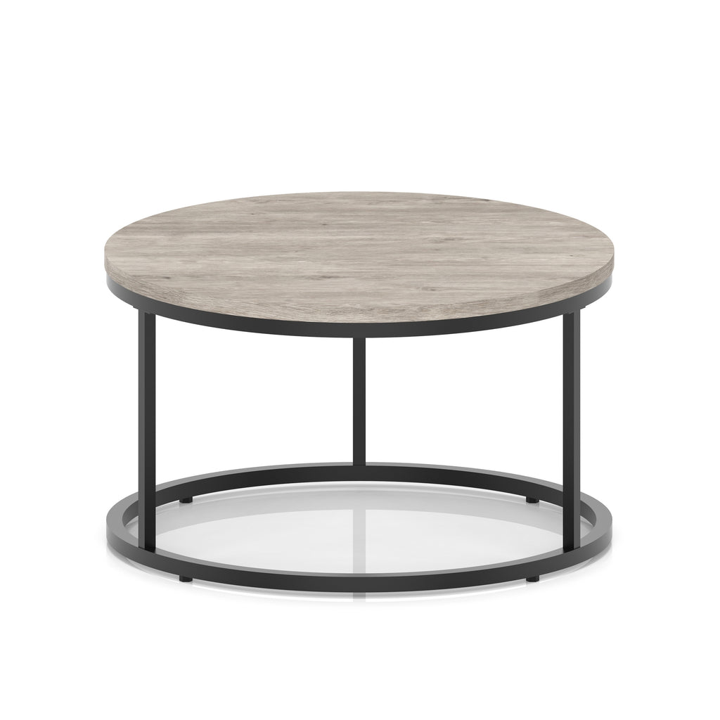 A round coffee table with a grey light wood-effect top, a black metal frame, shown on a white background.
