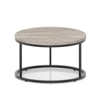 A round coffee table with a grey light wood-effect top, a black metal frame, shown on a white background.