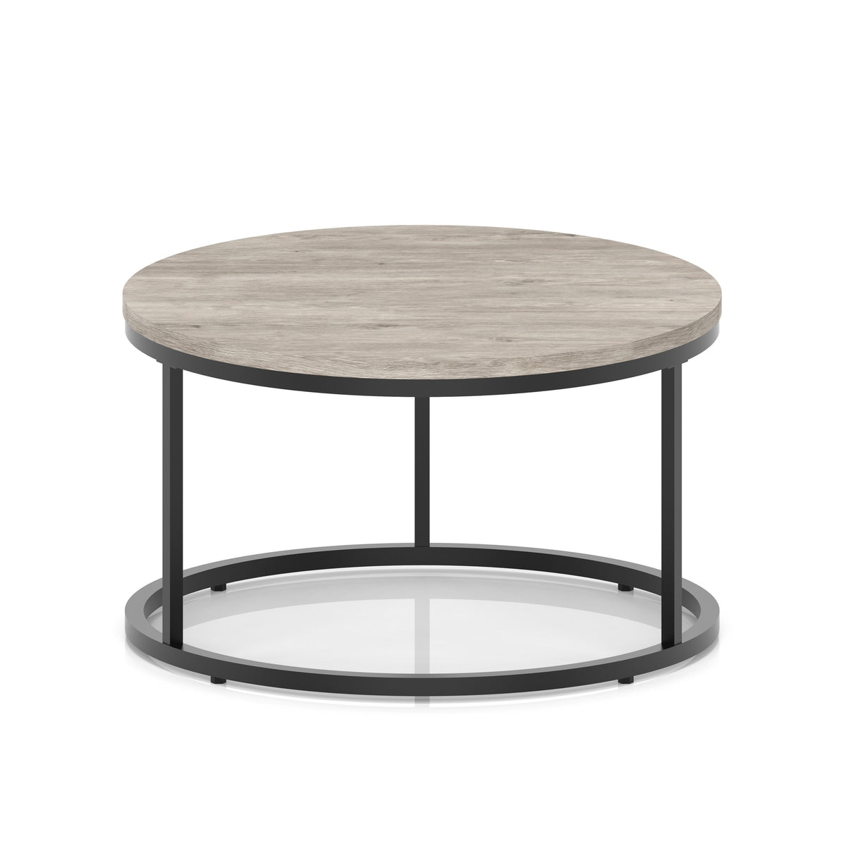 A round coffee table with a grey light wood-effect top, a black metal frame, shown on a white background.