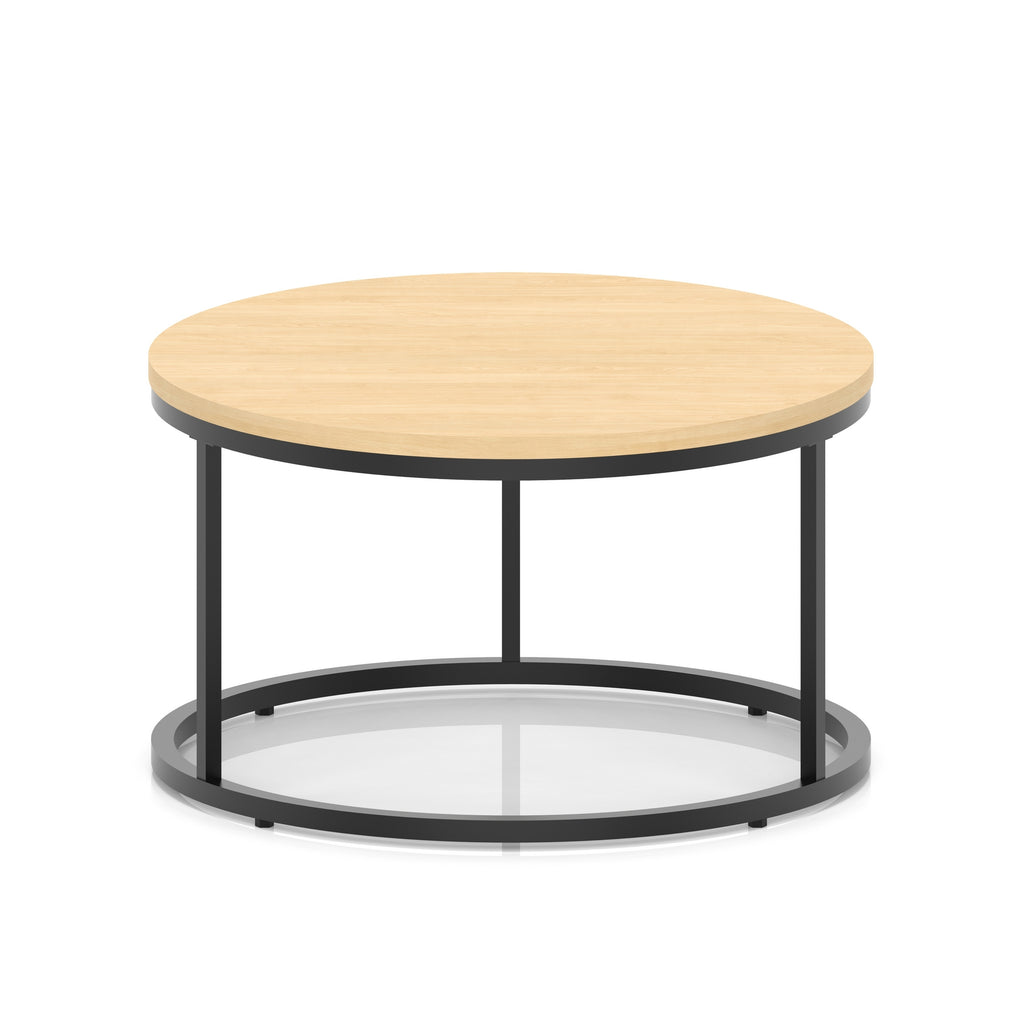 A round coffee table with a light wood-effect top, a black metal frame, shown on a white background.