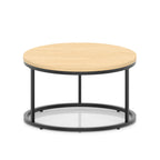 A round coffee table with a light wood-effect top, a black metal frame, shown on a white background.