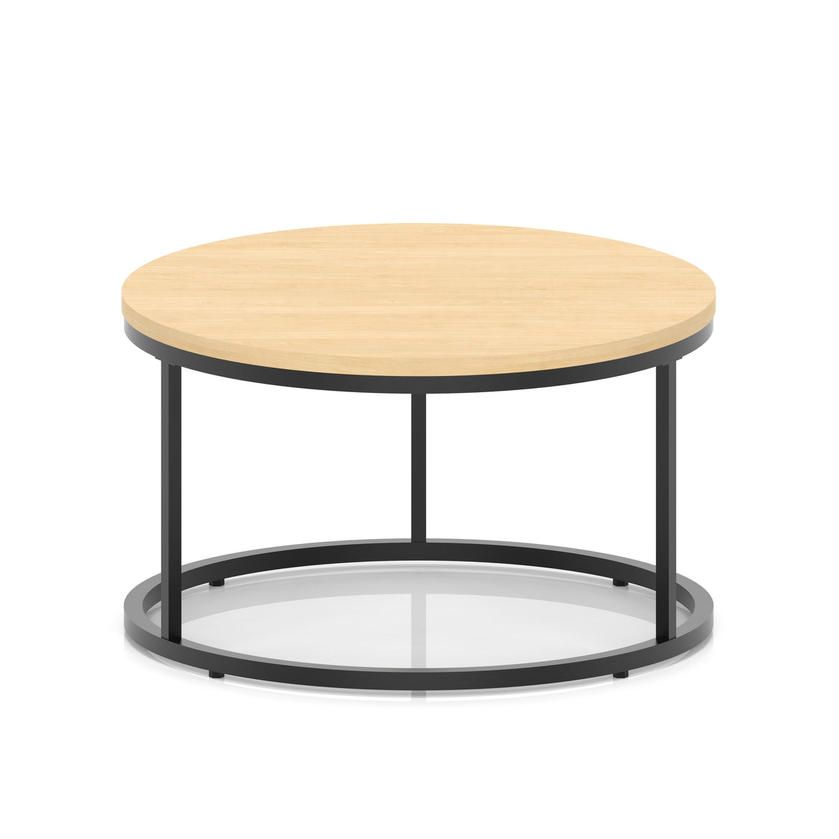 A round coffee table with a light wood-effect top, a black metal frame, shown on a white background.