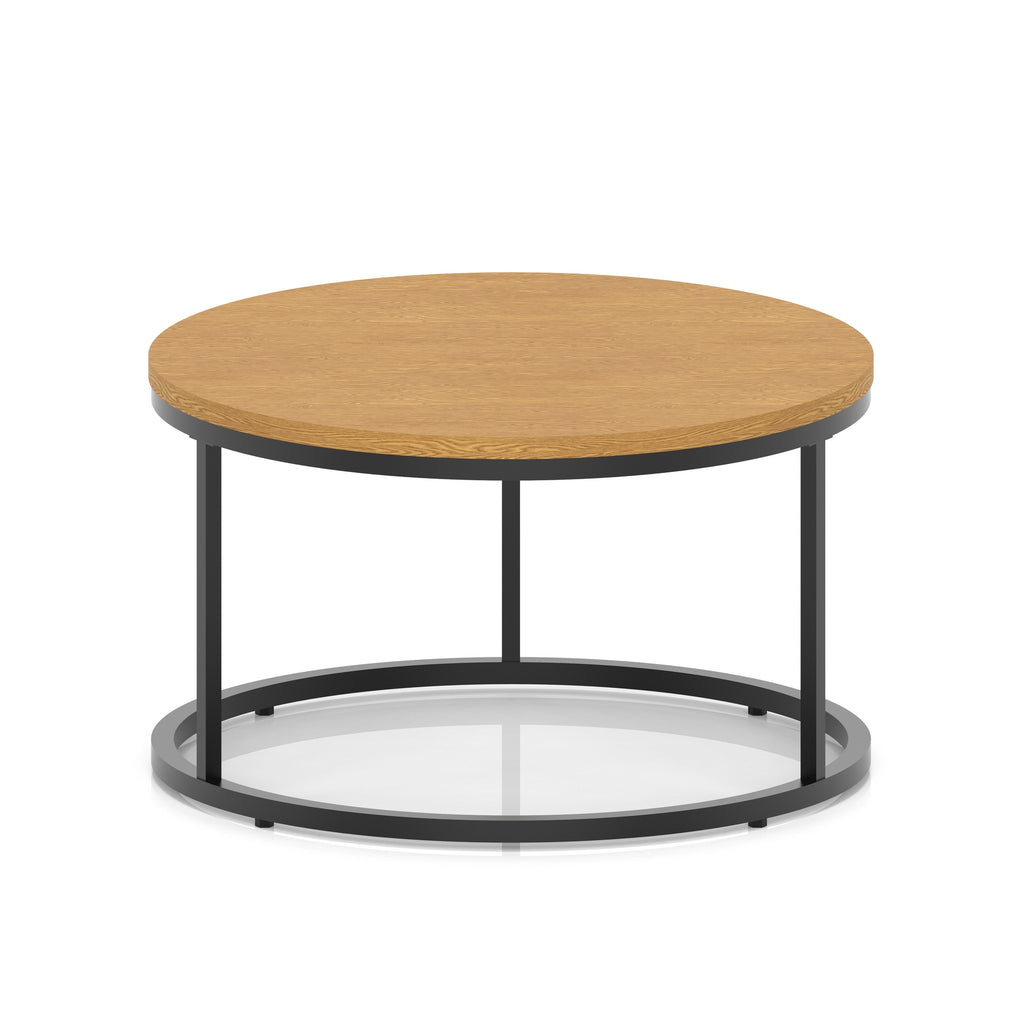 A round coffee table with a wood-effect top, a black metal frame, shown on a white background.