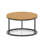 A round coffee table with a wood-effect top, a black metal frame, shown on a white background.