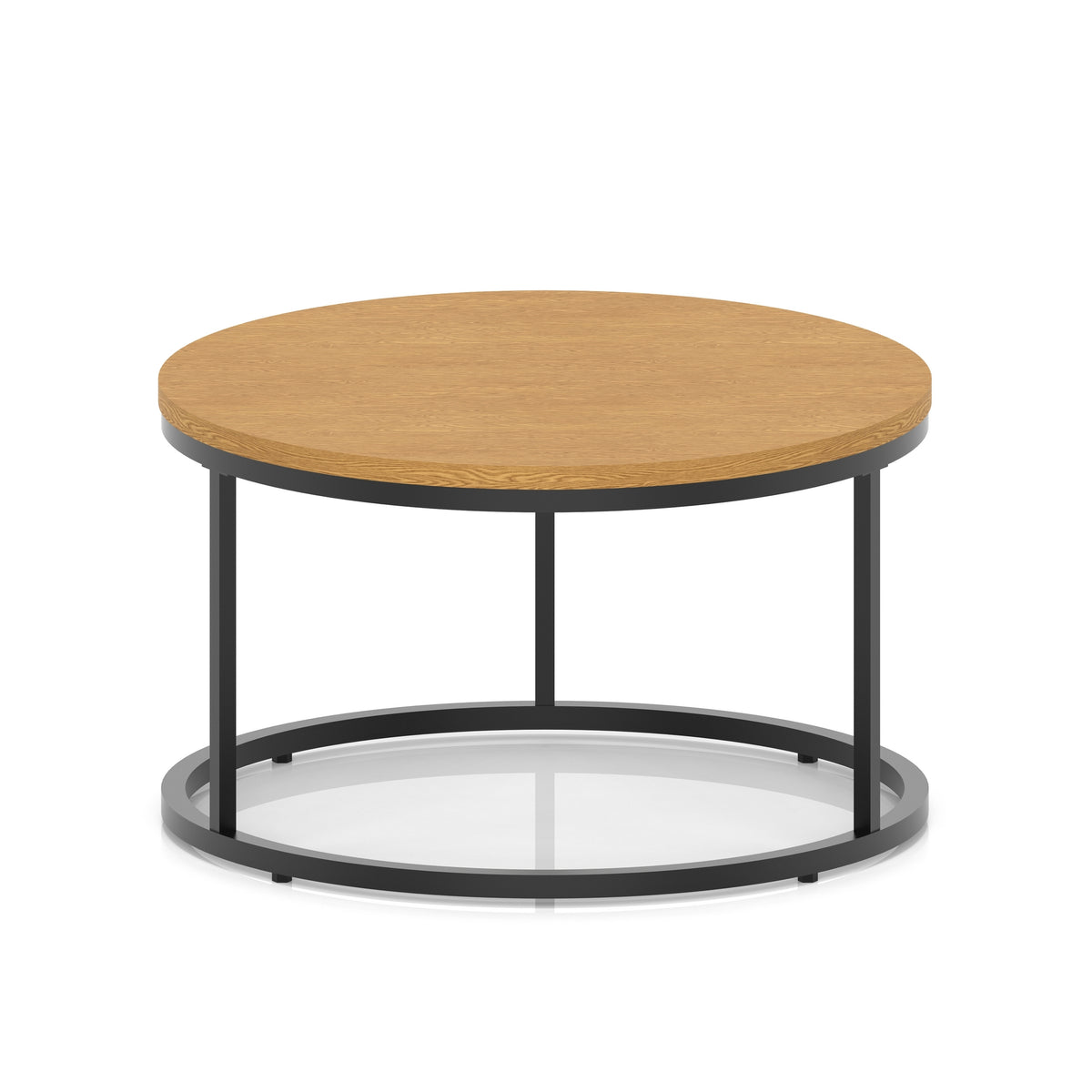 A round coffee table with a wood-effect top, a black metal frame, shown on a white background.