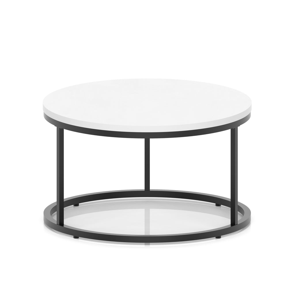 A round coffee table with a white top, a black metal frame, shown on a white background.