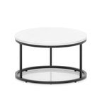 A round coffee table with a white top, a black metal frame, shown on a white background.