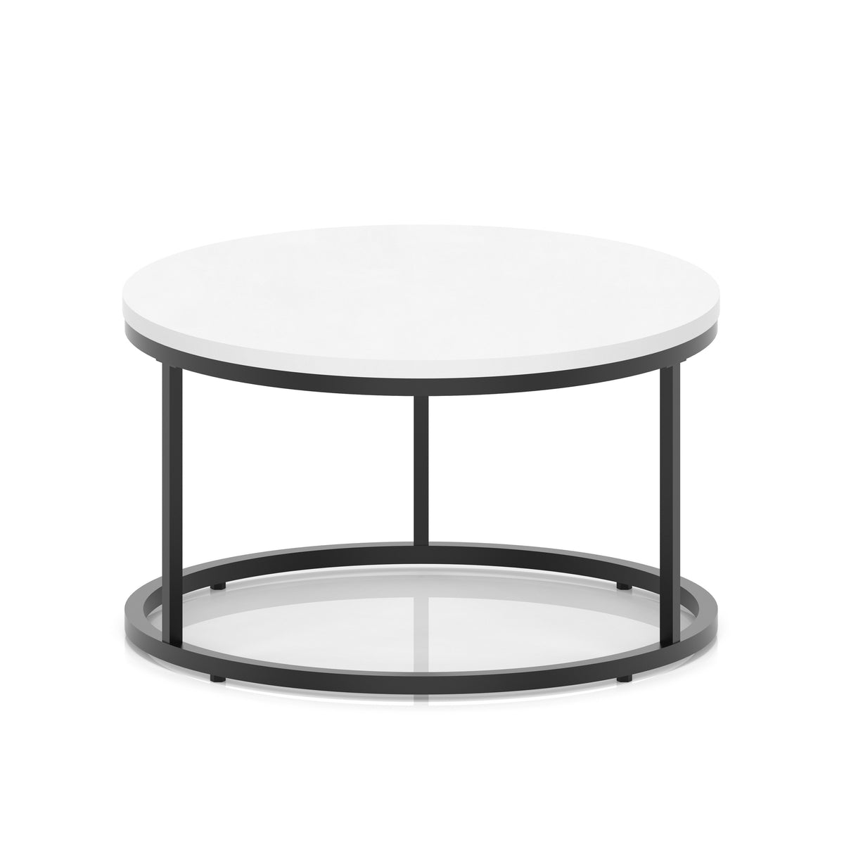 A round coffee table with a white top, a black metal frame, shown on a white background.