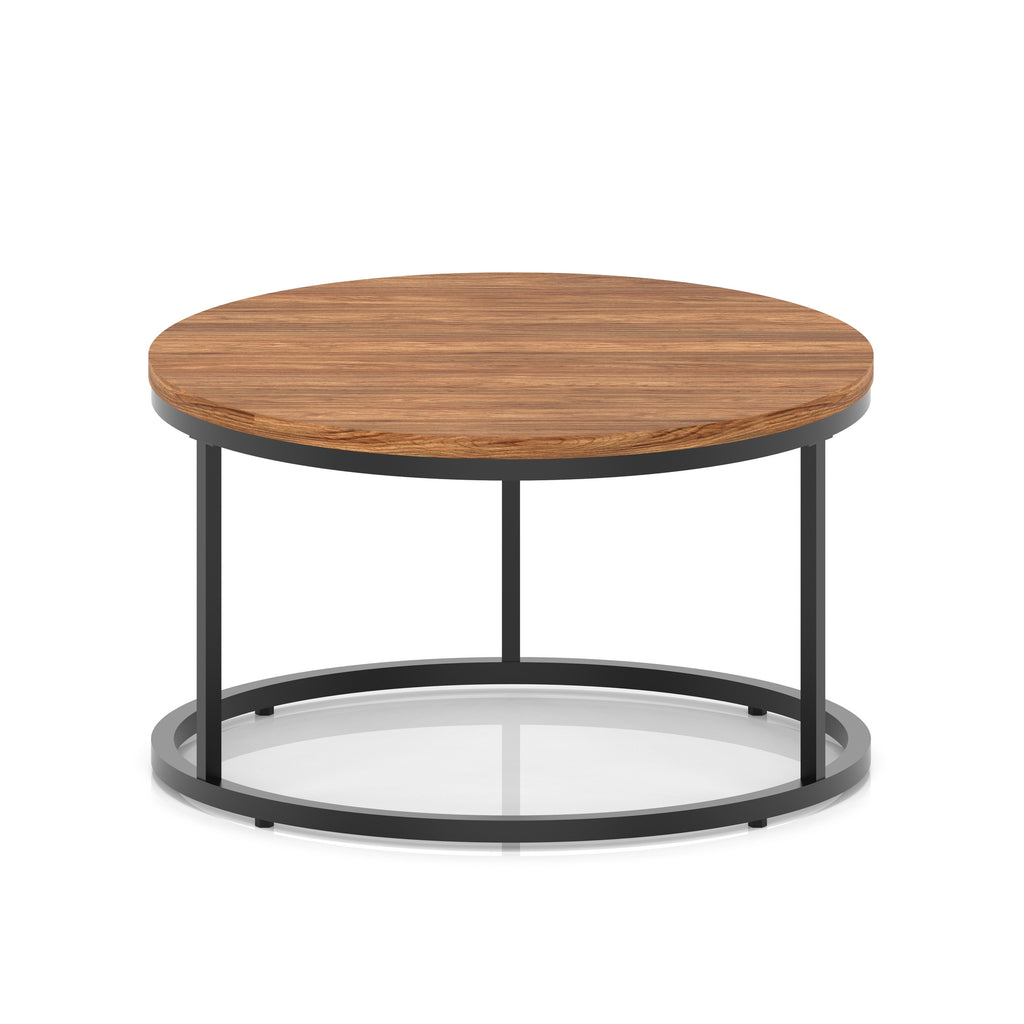 A round coffee table with a dark wood-effect top, a black metal frame, shown on a white background.