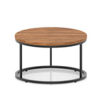A round coffee table with a dark wood-effect top, a black metal frame, shown on a white background.