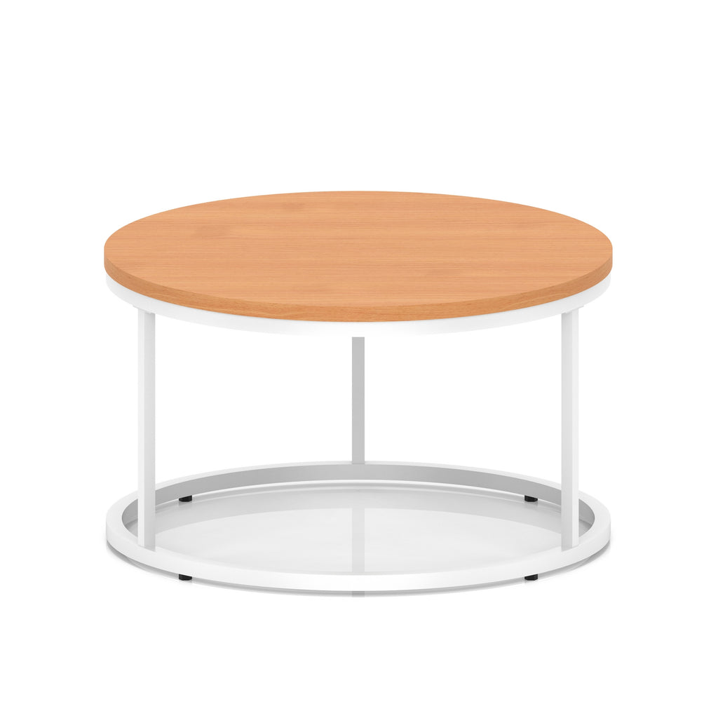 A round coffee table with a light wood-effect top, a white metal frame, shown on a white background.