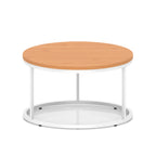 A round coffee table with a light wood-effect top, a white metal frame, shown on a white background.