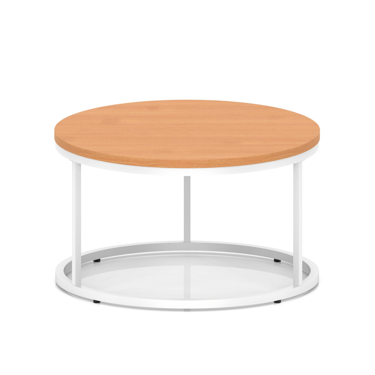 A round coffee table with a light wood-effect top, a white metal frame, shown on a white background.
