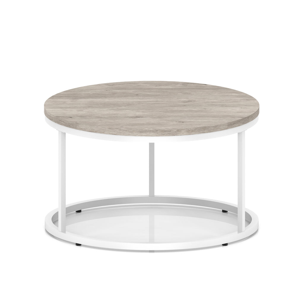 A round coffee table with a grey wood-effect top, a white metal frame, shown on a white background.