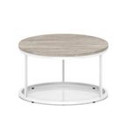 A round coffee table with a grey wood-effect top, a white metal frame, shown on a white background.