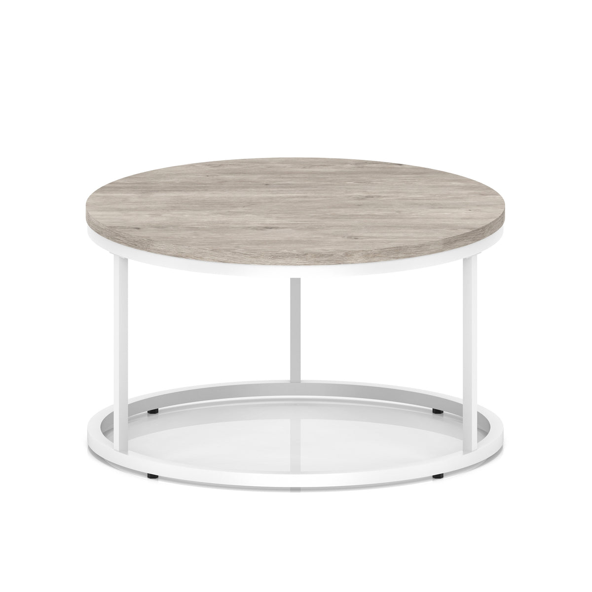 A round coffee table with a grey wood-effect top, a white metal frame, shown on a white background.