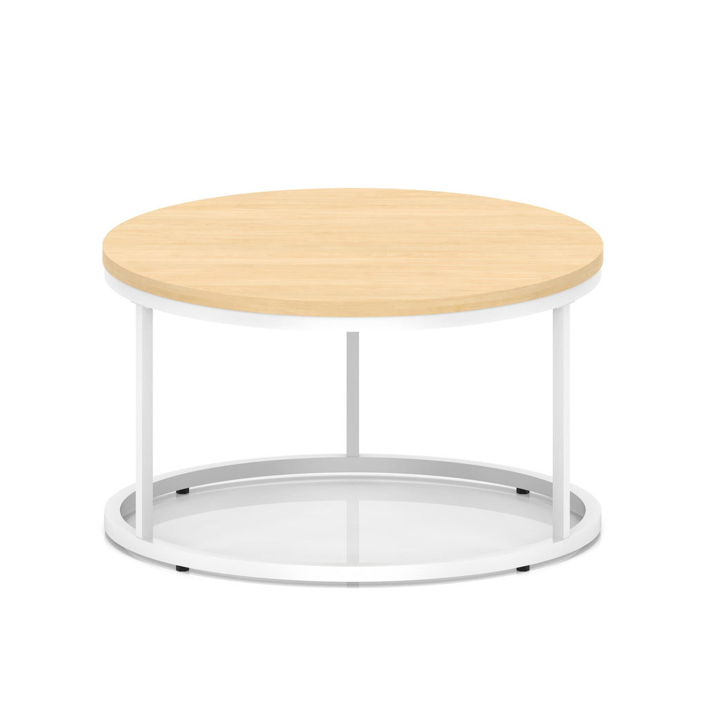 A round coffee table with a light wood-effect top, a white metal frame, shown on a white background.