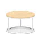 A round coffee table with a light wood-effect top, a white metal frame, shown on a white background.
