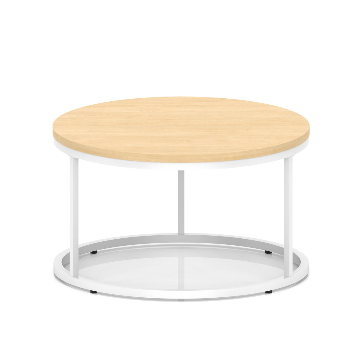 A round coffee table with a light wood-effect top, a white metal frame, shown on a white background.
