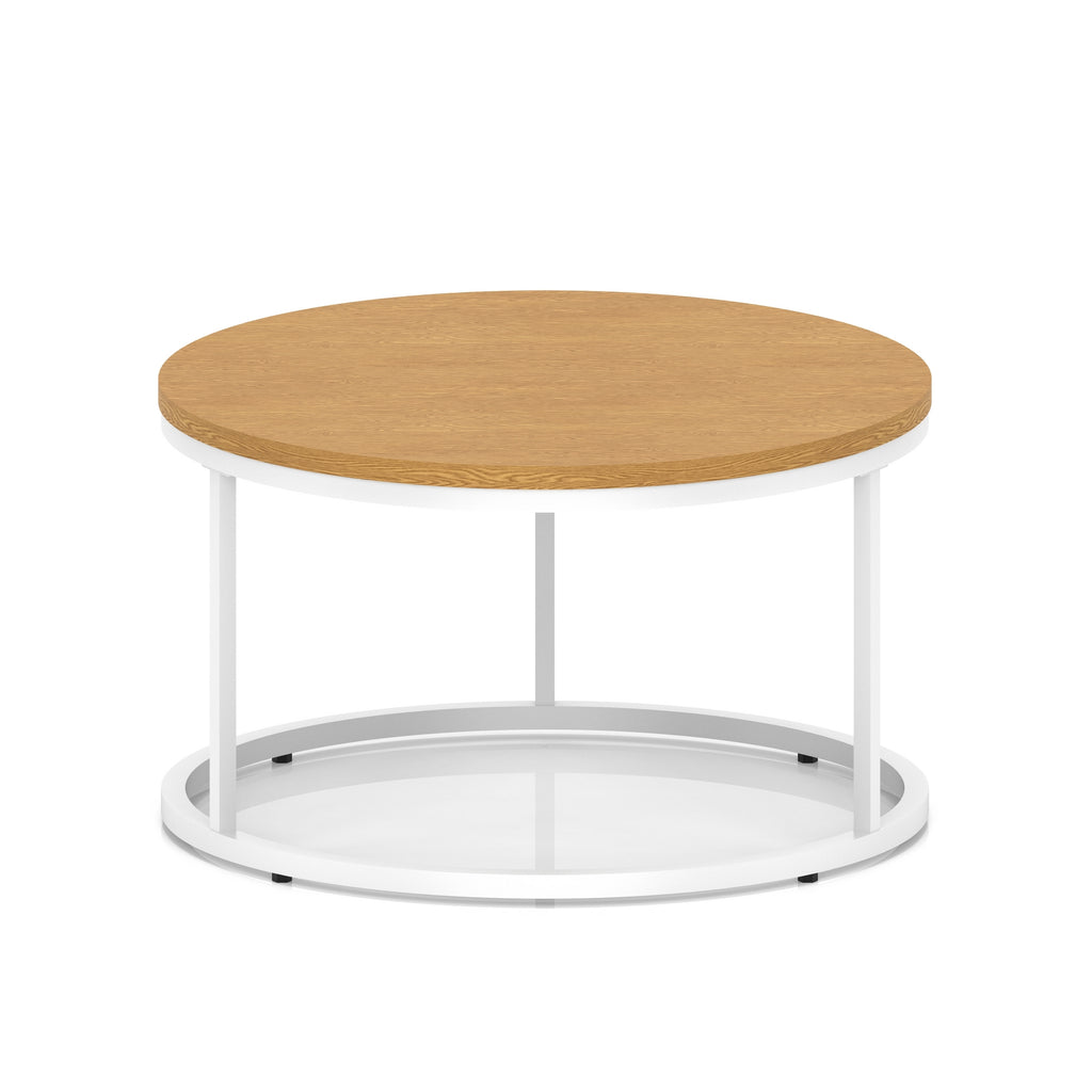 A round coffee table with a wood-effect top, a white metal frame, shown on a white background.