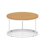 A round coffee table with a wood-effect top, a white metal frame, shown on a white background.