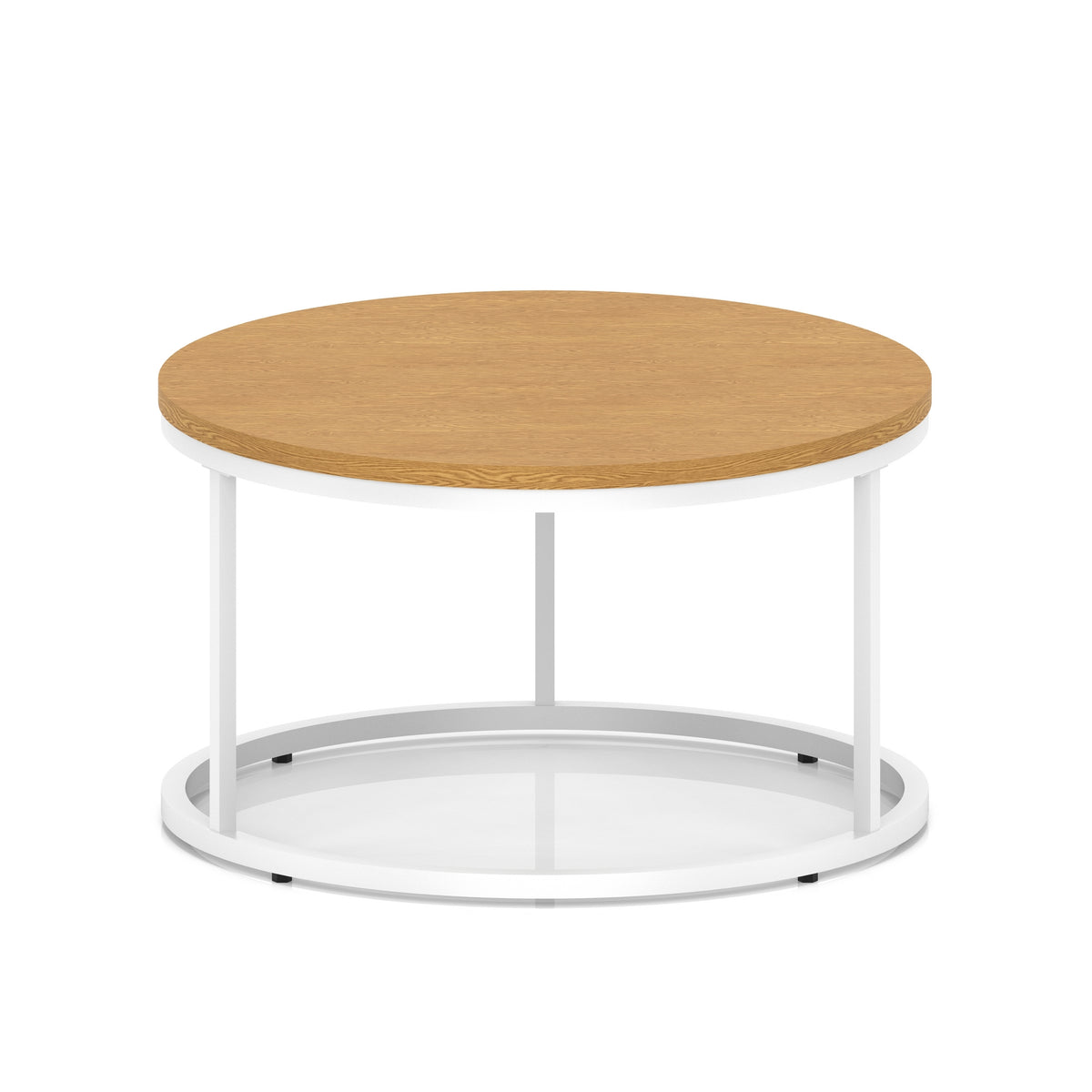 A round coffee table with a wood-effect top, a white metal frame, shown on a white background.