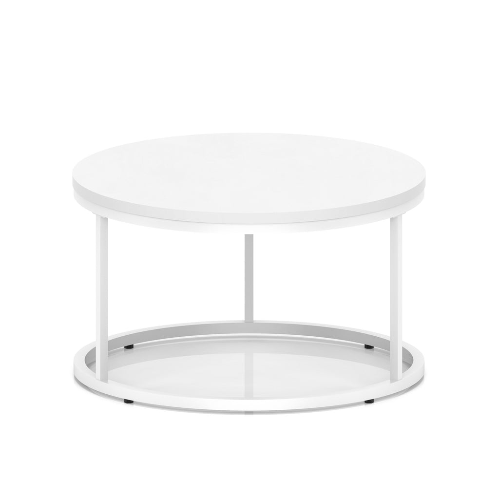A round white coffee table with a metal frame, shown on a white background.