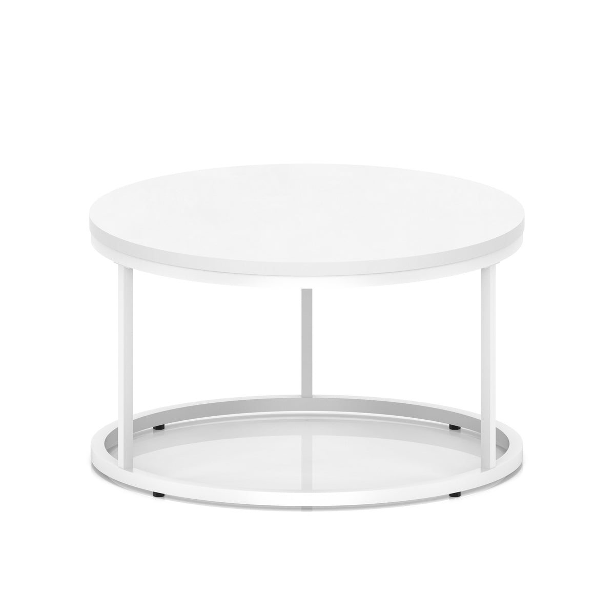 A round white coffee table with a metal frame, shown on a white background.