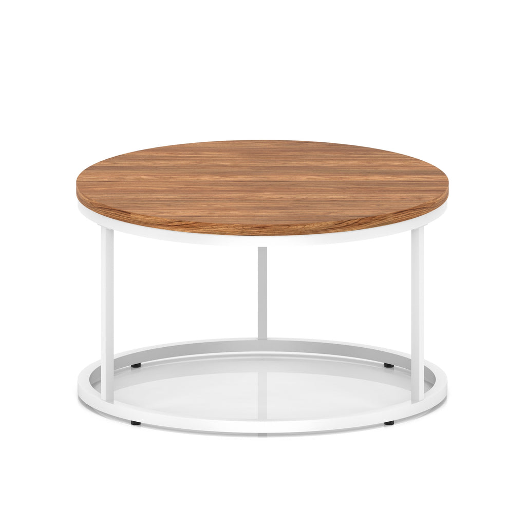 A round coffee table with a dark wood-effect top, a white metal frame, shown on a white background.
