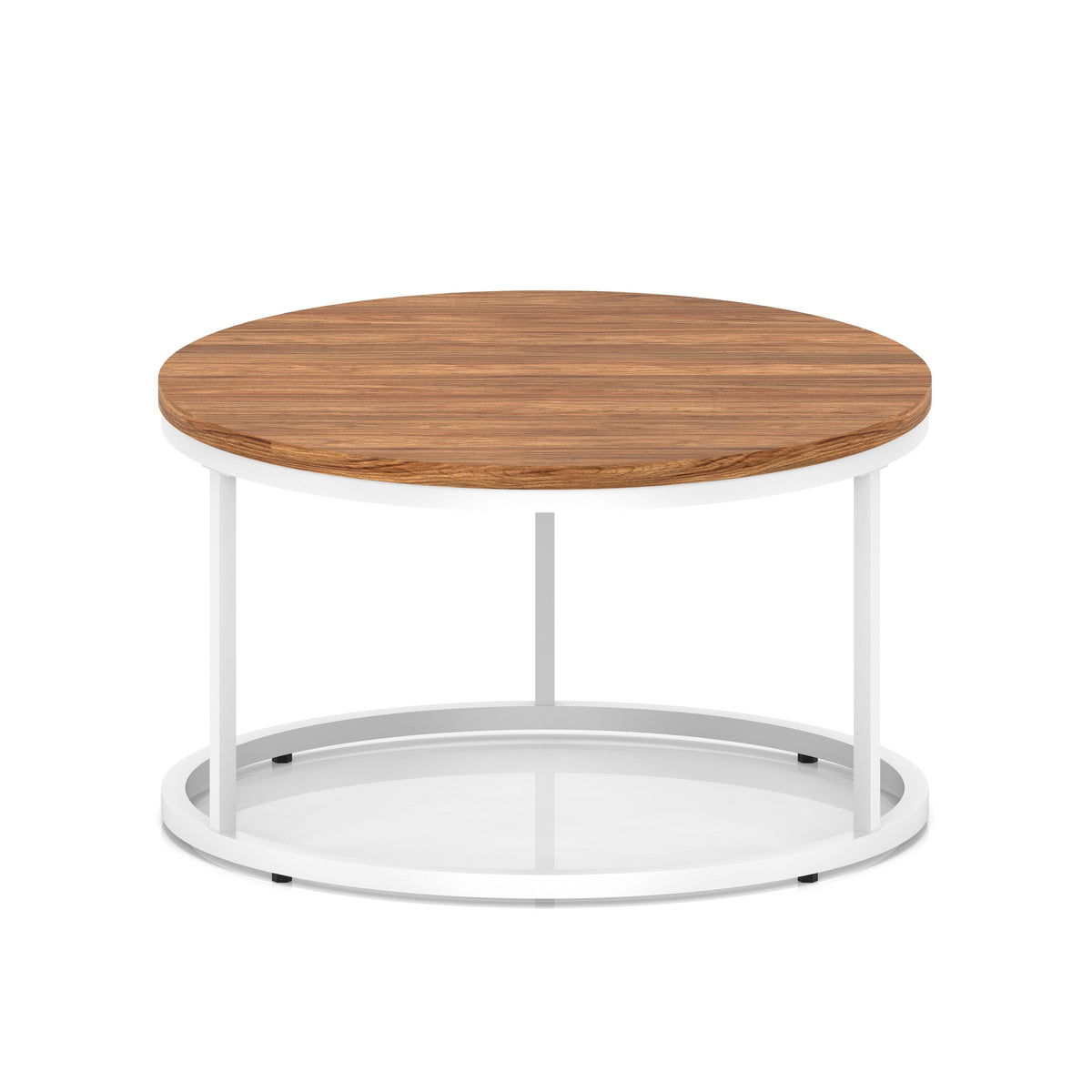 A round coffee table with a dark wood-effect top, a white metal frame, shown on a white background.