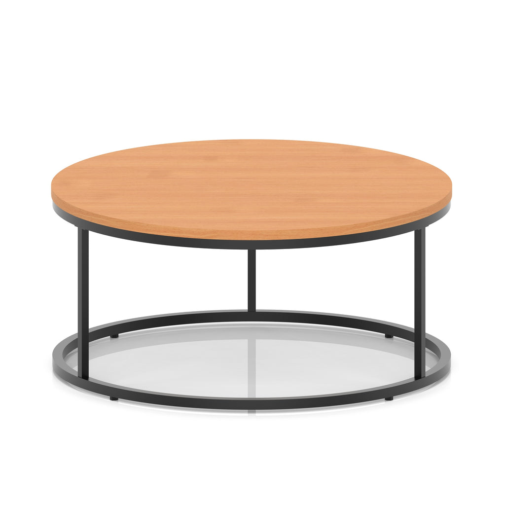 A round coffee table with a wood-effect top, a black metal frame, shown on a white background.