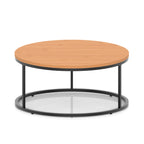 A round coffee table with a wood-effect top, a black metal frame, shown on a white background.