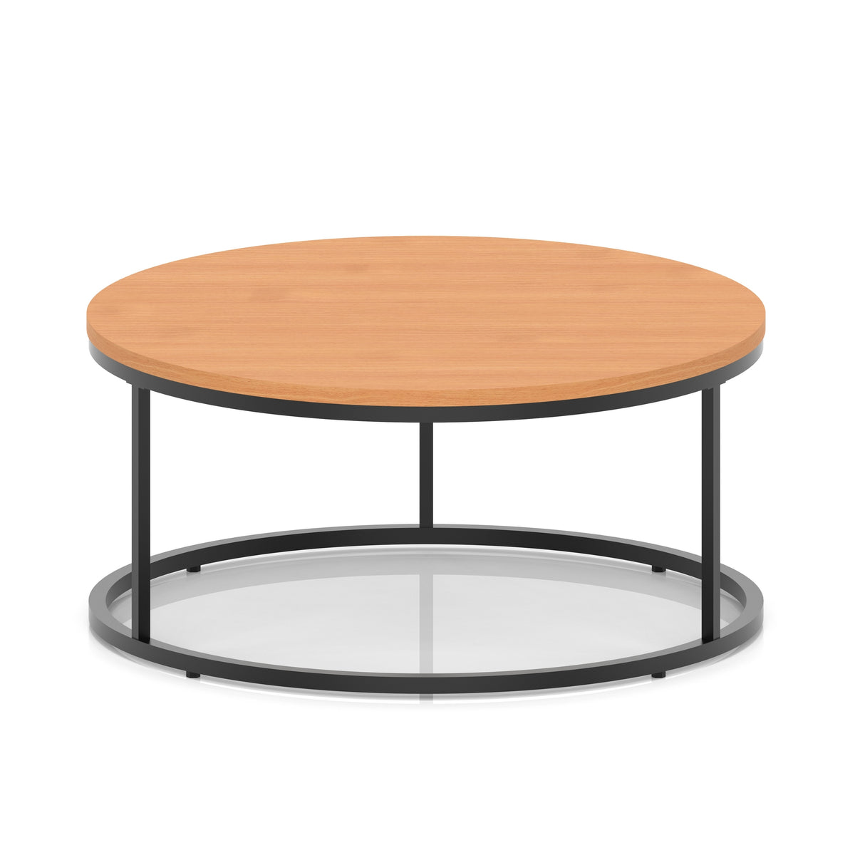 A round coffee table with a wood-effect top, a black metal frame, shown on a white background.