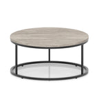 A round coffee table with a grey wood-effect top, a black metal frame, shown on a white background.
