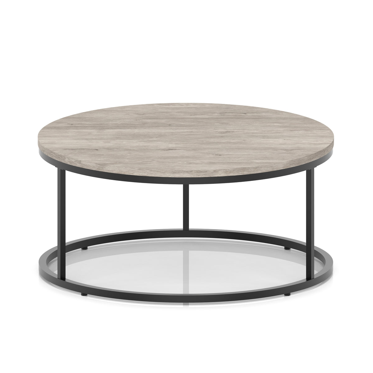 A round coffee table with a grey wood-effect top, a black metal frame, shown on a white background.