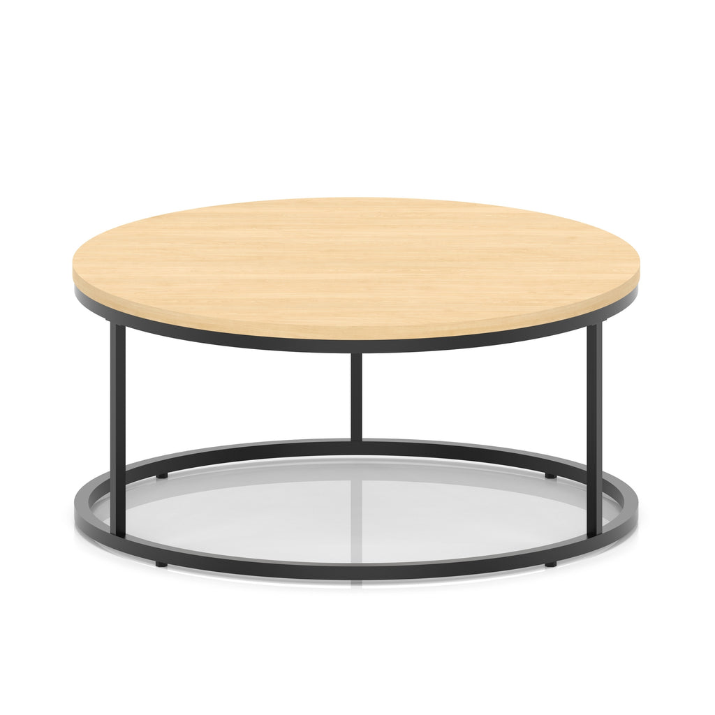 A round coffee table with a light wood-effect top, a black metal frame, shown on a white background.