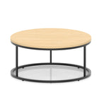 A round coffee table with a light wood-effect top, a black metal frame, shown on a white background.