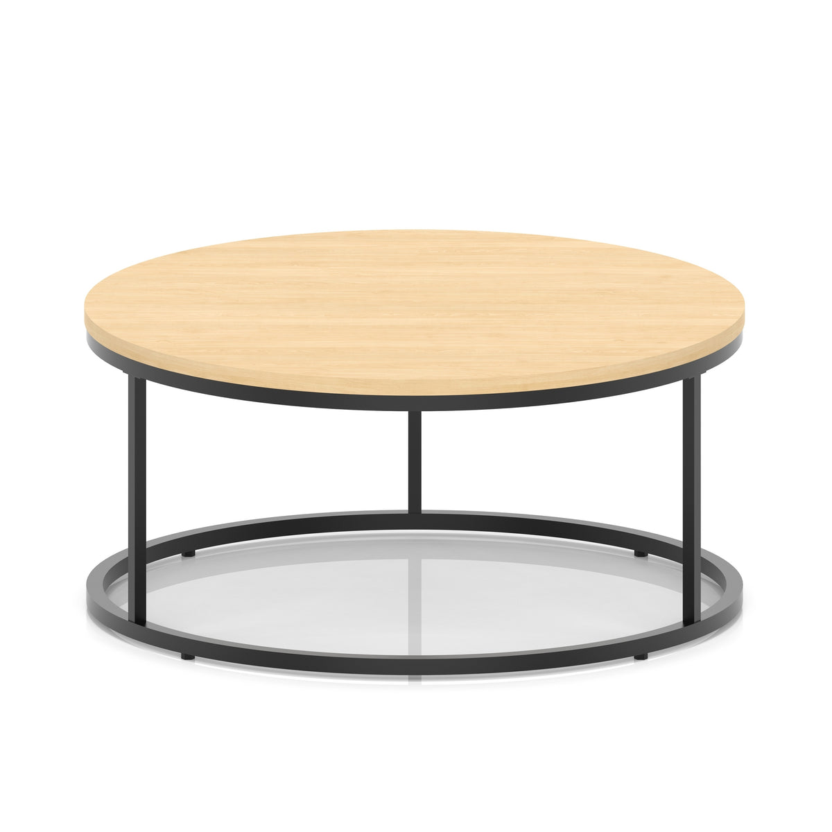 A round coffee table with a light wood-effect top, a black metal frame, shown on a white background.