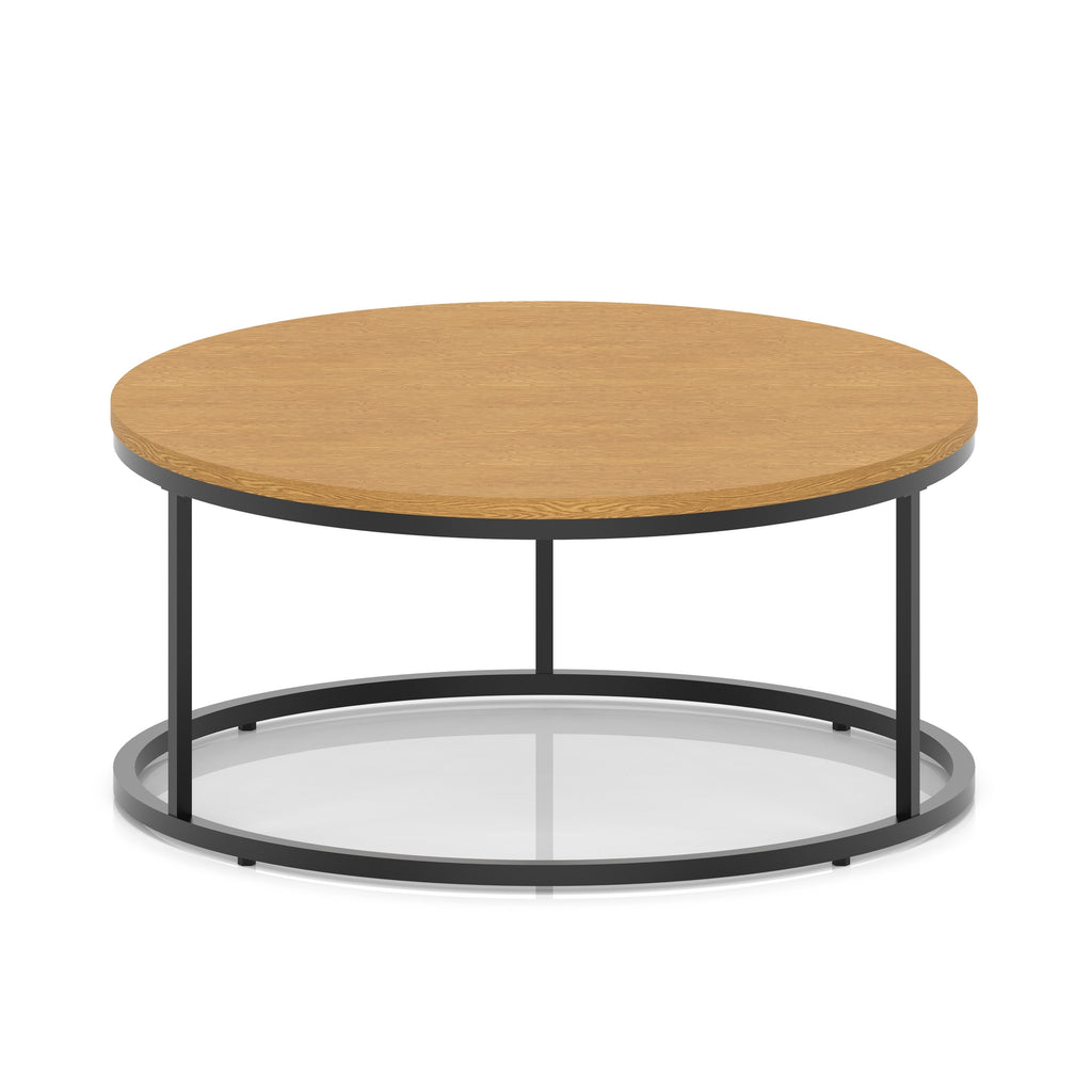 A round coffee table with a wood-effect top, a black metal frame, shown on a white background.