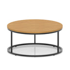 A round coffee table with a wood-effect top, a black metal frame, shown on a white background.