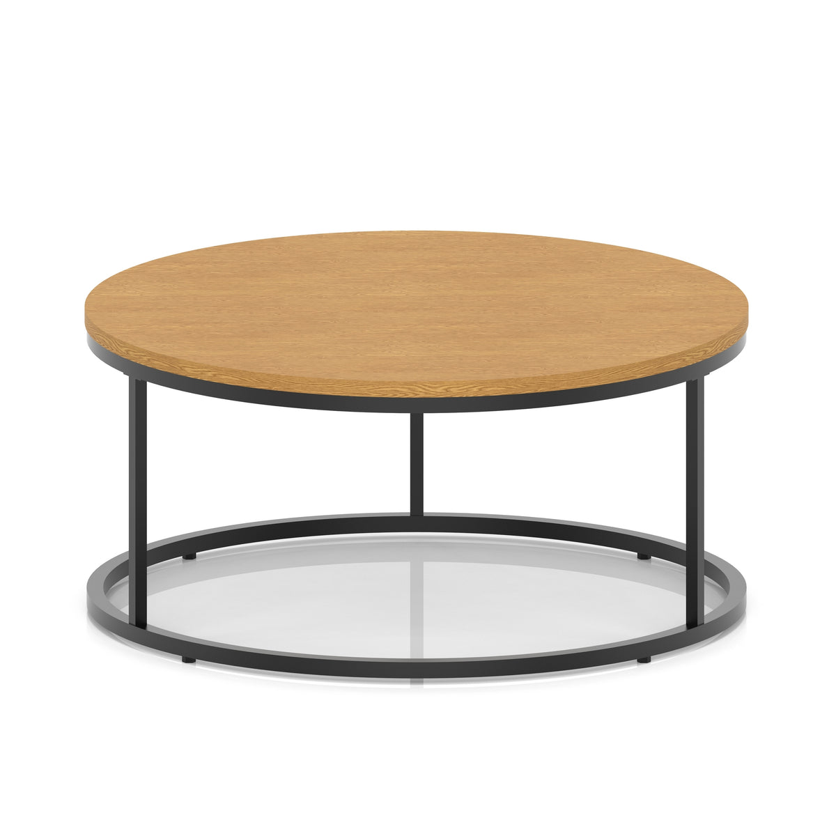 A round coffee table with a wood-effect top, a black metal frame, shown on a white background.