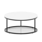 A round coffee table with a white top and a black metal frame, shown on a white background.