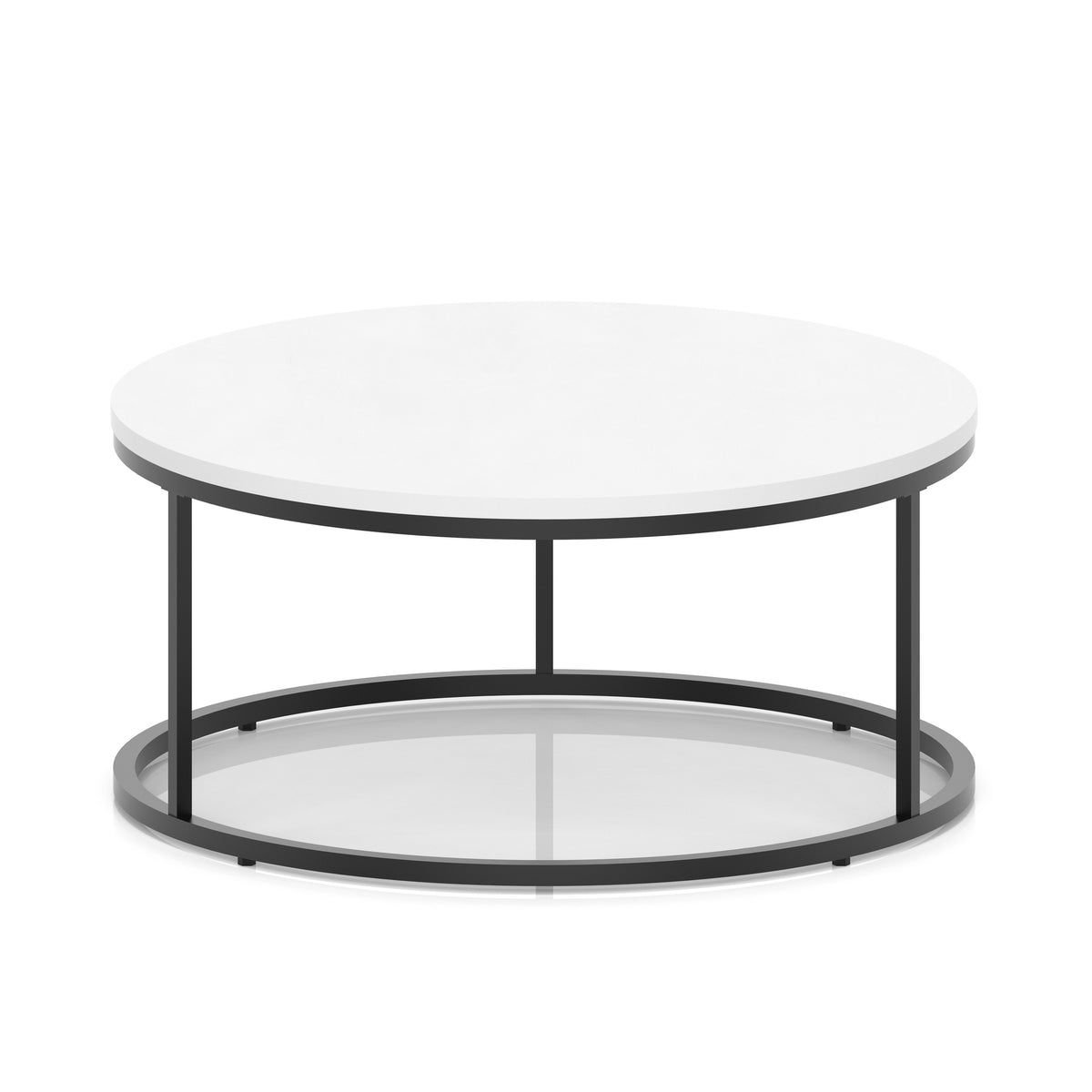 A round coffee table with a white top and a black metal frame, shown on a white background.