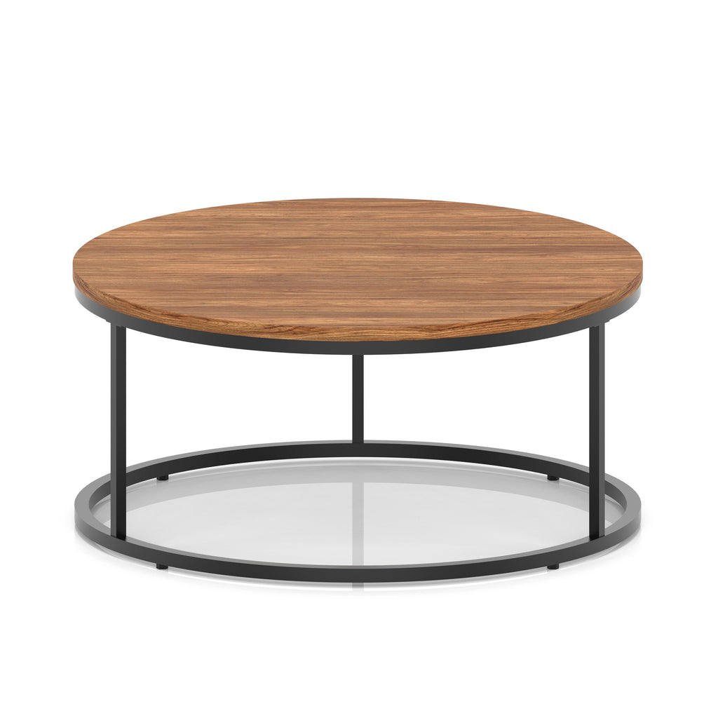 A round coffee table with a dark wood-effect top and a black metal frame, shown on a white background.