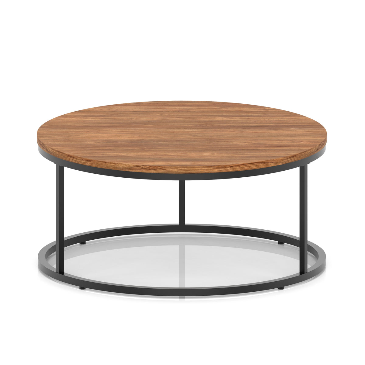 A round coffee table with a dark wood-effect top and a black metal frame, shown on a white background.
