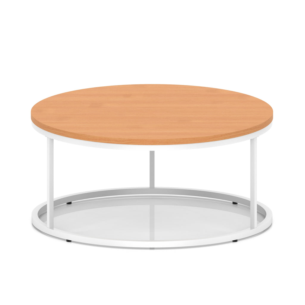 A round coffee table with a light wood-effect top, a white metal frame, shown on a white background.