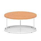 A round coffee table with a light wood-effect top, a white metal frame, shown on a white background.