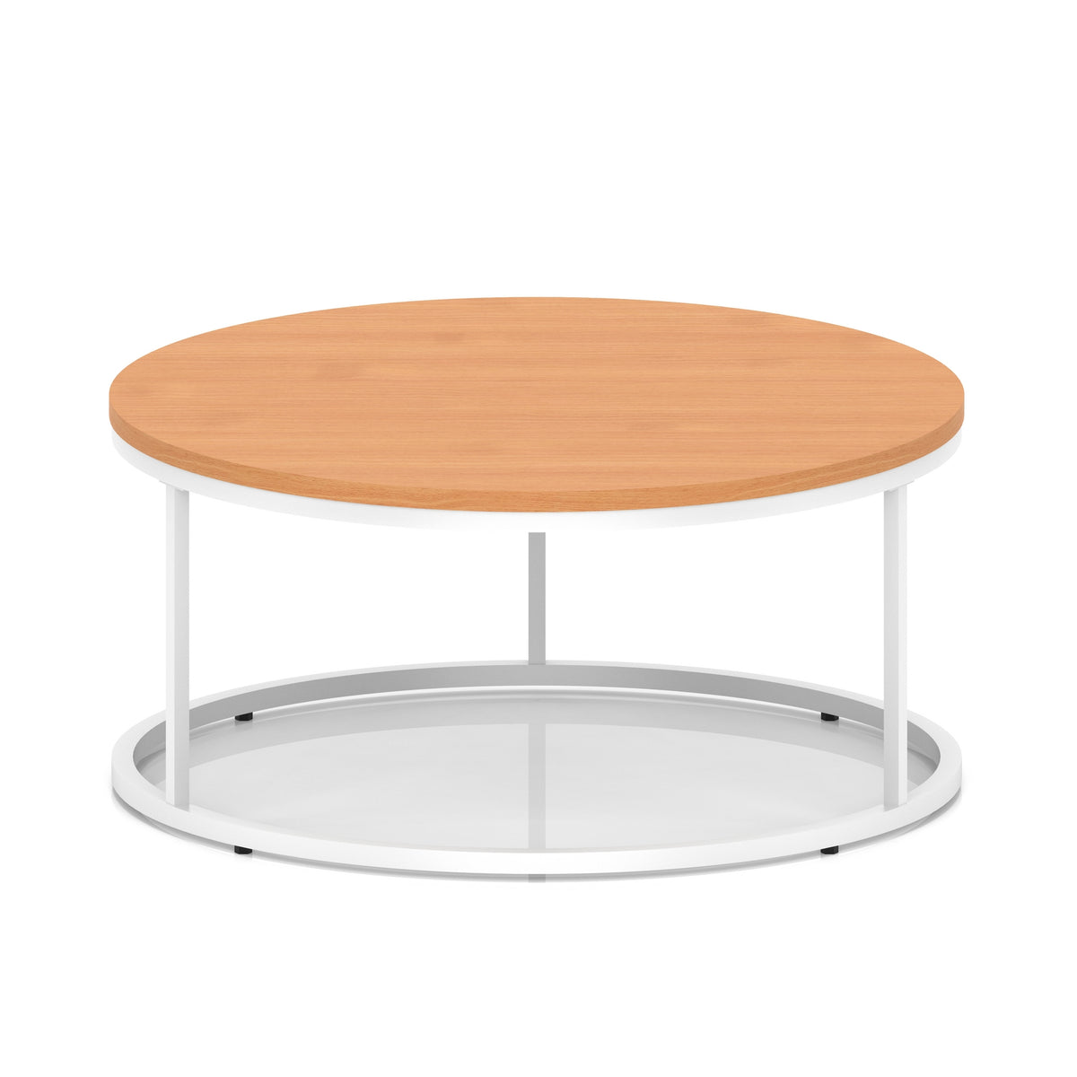 A round coffee table with a light wood-effect top, a white metal frame, shown on a white background.